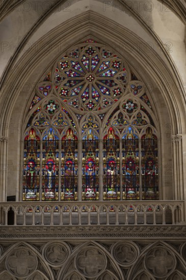 Interior view, stained glass window, coloured church windows, Cathédrale Notre-Dame de Bayeux, Bayeux, Calvados, France