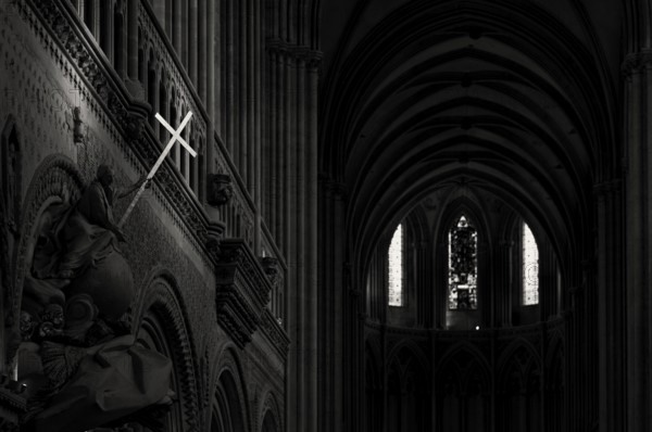 Interior view, angel on pulpit, holding a shining sword, Cathédrale Notre-Dame de Bayeux, black and white, Bayeux, Calvados, France