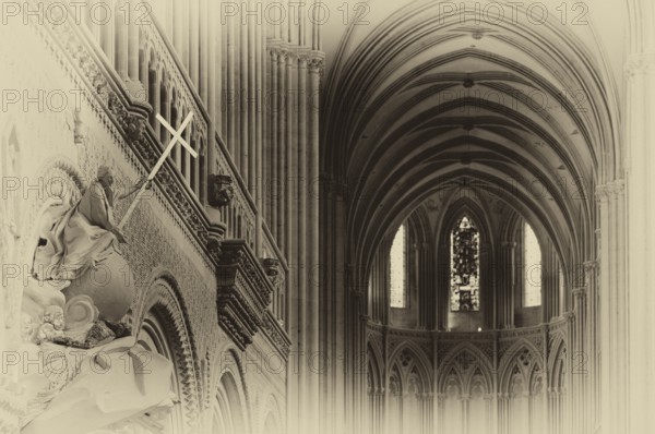 Interior shot, angel on pulpit, holding a shining sword, Cathédrale Notre-Dame de Bayeux, black and white, retro, vintage, Bayeux, Calvados, France