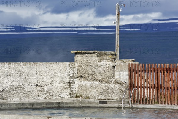 Geothermal pool in Reykjanes, heated outdoor pool, steam, geothermal energy, detail, Súðavík, Sudavik, Vestfirðir, Westfjords, Iceland