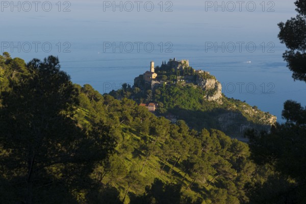Picturesque mountain village above the sea, sunset, Èze, Cote d'Azur, Alpes-Maritimes, Provence-Alpes-Cote-d'Azur, South of France, France
