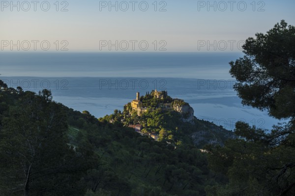 Picturesque mountain village above the sea, sunrise, Èze, Cote d'Azur, Alpes-Maritimes, Provence-Alpes-Cote-d'Azur, South of France, France