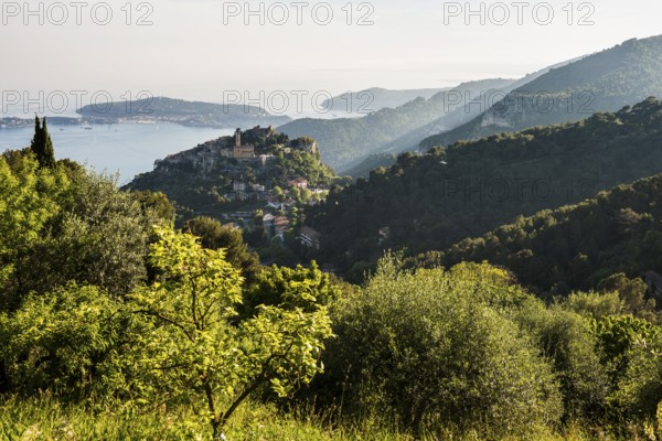 Picturesque mountain village overlooking the sea, Èze, Cote d'Azur, Alpes-Maritimes, Provence-Alpes-Cote-d'Azur, South of France, France