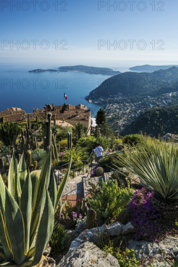 Picturesque mountain village overlooking the sea, Jardin Exotique, Èze, Cote d'Azur, Alpes-Maritimes, Provence-Alpes-Cote-d'Azur, South of France, France