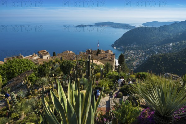 Picturesque mountain village overlooking the sea, Jardin Exotique, Èze, Cote d'Azur, Alpes-Maritimes, Provence-Alpes-Cote-d'Azur, South of France, France