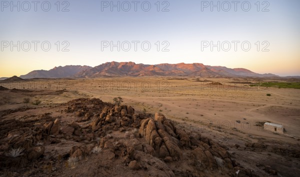 Desert landscape with Brandberg at sunrise, Erongo, Damaraland, Namibia