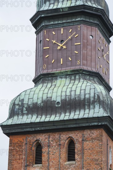 Church tower with clock, St Laurentius Church, town church, market, old town, Tönning, North Frisia, Schleswig-Holstein, Germany