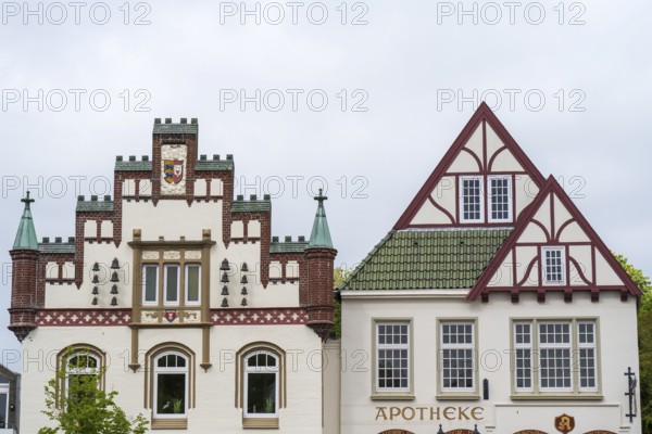 Historic gabled houses on the market square, Old Town, Tönning, North Friesland, Schleswig-Holstein, Germany