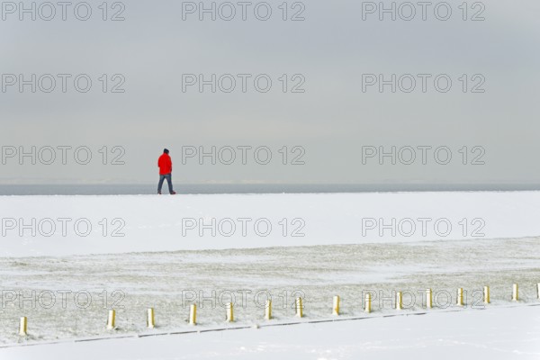 Winter day, onset of winter, snow on the North Sea coast, person walking over a dyke, North Sea, Norddeich, Lower Saxony, Germany