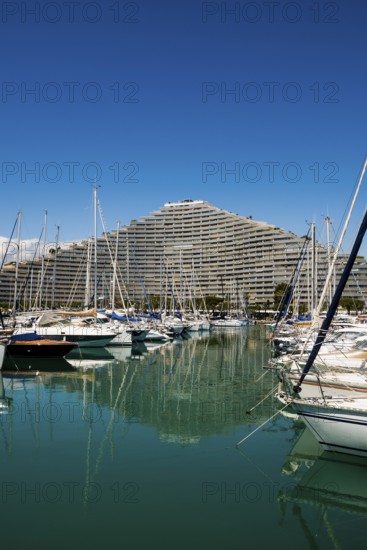 High-rise flat blocks by the sea, Marina Baie des Anges, Villeneuve-Loubet, Provence Alpes Côte d'Azur, South of France, France