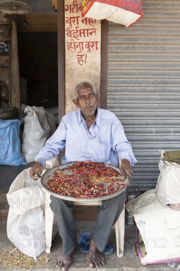 Indian man with chillies, Sandar Market Girdikot, old town of Jodhpur, Rajasthan, India