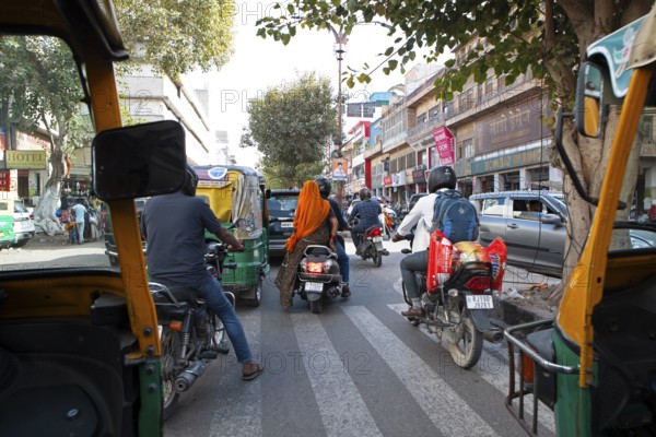 Street scene seen from a rickshaw or tuk tuk, old town of Jodhpur, Rajasthan, India