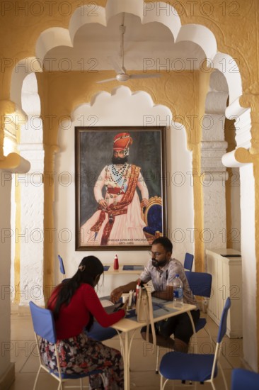 Picture of a mahajah in a café in the Mehrangarh or Meherangarh fortress, Jodhpur, Rajasthan, India