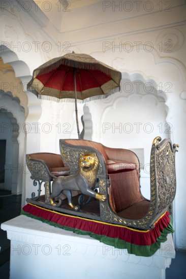 Golden palanquin in the Mehrangarh or Meherangarh fortress, Jodhpur, Rajasthan, India