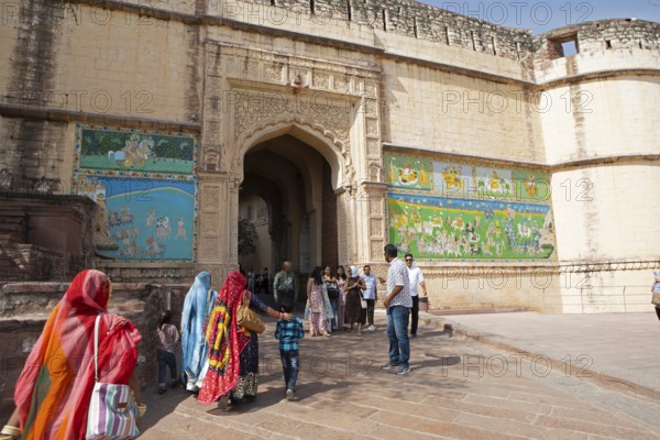 Indian tourists at the Tor tor of Mehrangarh or Meherangarh Fort, Jodhpur, Rajasthan, India