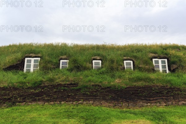 Grass sod house, window, green roof, peat farm or peat museum Glaumbaer or Glaumbær, open-air museum, Skagafjörður, Varmahlíð, Norðurland vestra, Northwest Iceland, Iceland