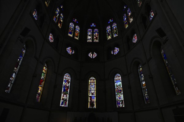 Stained glass window, coloured church window, choir with altar, interior view, Église Notre-Dame Cathedral, Épernay, Champagne, Marne, France