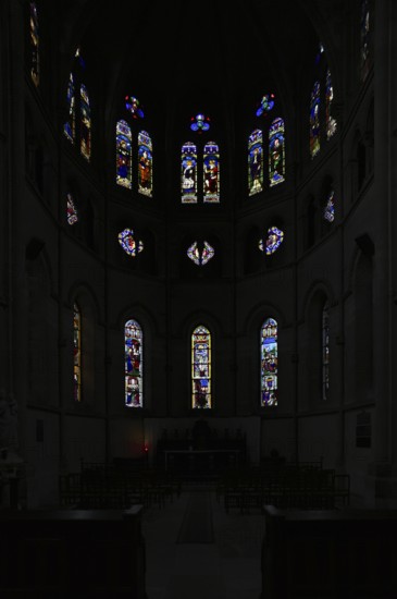 Stained glass window, coloured church window, choir with altar, interior view, Église Notre-Dame Cathedral, Épernay, Champagne, Marne, France