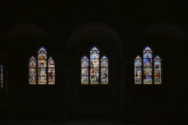 Interior view, stained glass window, coloured stained glass, church Église Saint-Pierre et Saint-Paul, Épernay, Champagne, Marne, France