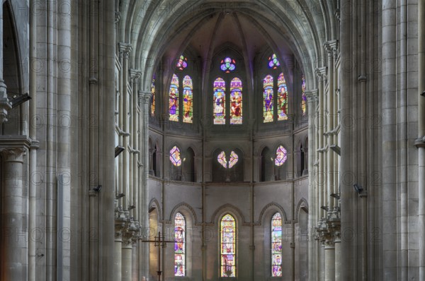 Stained glass window, coloured church window, choir, interior view, Église Notre-Dame Cathedral, Épernay, Champagne, Marne, France