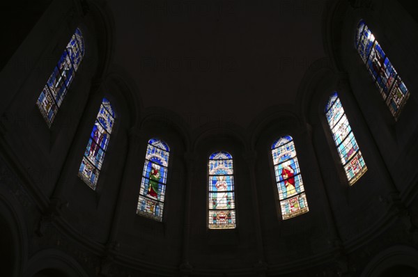Interior view, stained glass window, coloured stained glass window, choir room, Église Saint-Pierre et Saint-Paul church, Épernay, Champagne, Marne, France