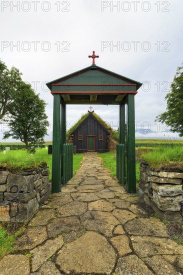 Grass sod house, green roof, Vidimyrarkirkja peat church, Vidimyri, near Varmahlid, Skagafjörður, Iceland