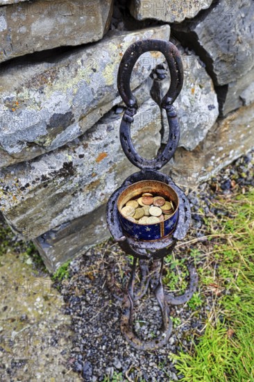 Tin with coins, donations for visiting a church, decorative stand, Vidimyrarkirkja peat church, Vidimyri, near Varmahlid, Skagafjörður, Iceland