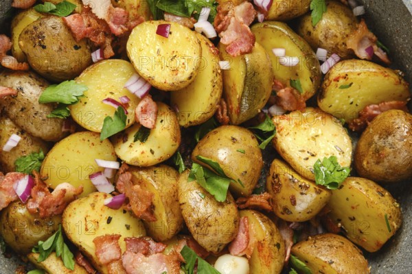 Golden roasted potatoes are mixed with crispy bacon and garnished with fresh herbs and diced onions in a skillet. This dish showcases an appetizing blend of flavors and textures perfect for any meal