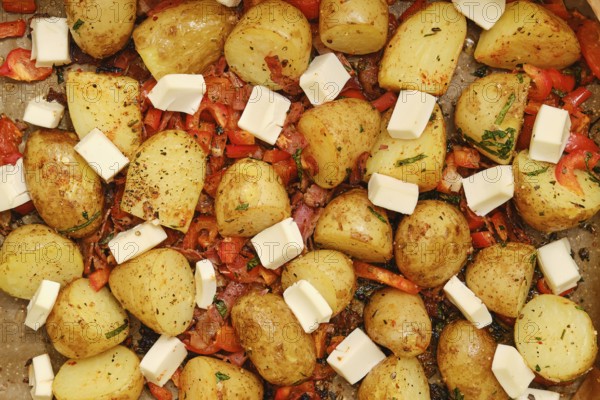 Colorful roasted potatoes and red peppers are arranged on a baking tray, topped with cubes of feta cheese. The dish has been seasoned with herbs and is perfect for a wholesome dinner