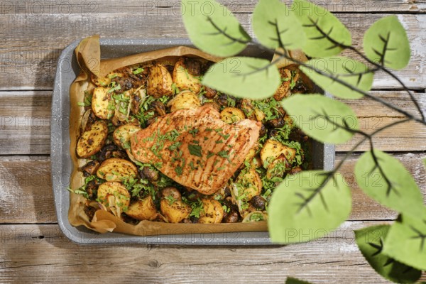 A roasted turkey breast is presented in a baking tray alongside golden potatoes and herbs. The setting features wooden surfaces and green plant leaves, creating a cozy, homely atmosphere