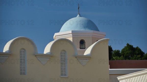 Church, Panagia Agia Paraskevi, detail of a blue dome on a light-coloured building under a blue sky, Kos Town, Kos, Dodecanese, Greek Islands, Greece