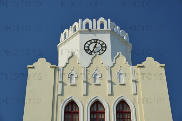 Palace of Justice, colonial building, detailed view of a white clock tower with distinctive architectural features, Kos Town, Kos, Dodecanese, Greek Islands, Greece