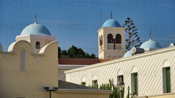 Church, Panagia Agia Paraskevi, Traditional architecture with blue domes and bell tower, Kos Town, Kos, Dodecanese, Greek Islands, Greece
