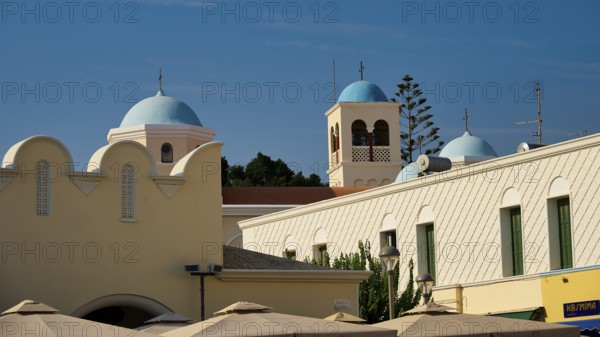 Church, Panagia Agia Paraskevi, domed buildings under a blue sky with traditional architectural elements, Kos Town, Kos, Dodecanese, Greek Islands, Greece