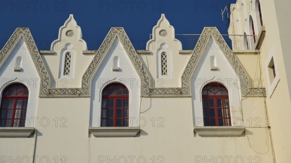 Palace of Justice, colonial building, close-up of a Gothic façade with windows and ornamental elements, Kos Town, Kos, Dodecanese, Greek Islands, Greece