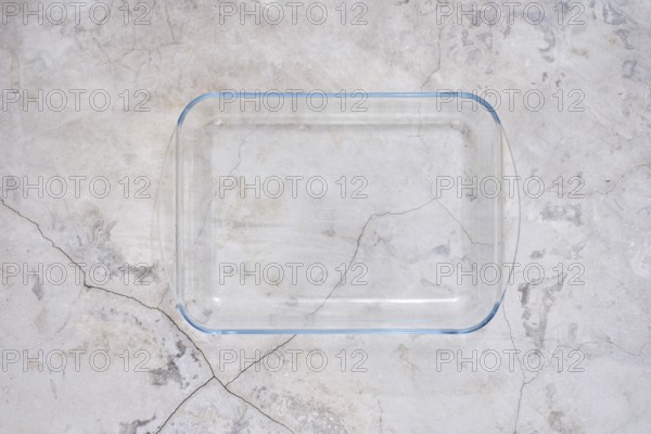 Overhead view of empty glass rectangular baking dish