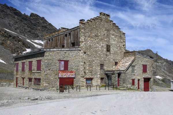 Building with restaurant and bar at the top of the highest asphalted Alpine pass, Col d'Iseran, Col de l'Iseran, departmental road D902, Route des Grandes Alpes, Département Savoie, Region Auvergne-Rhône-Alpes, Graian Alps, France