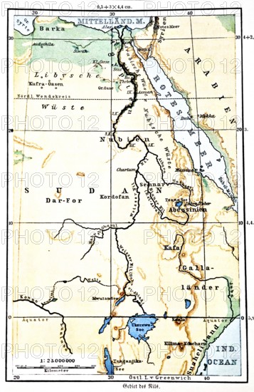 The Nile, historical geographical map, topography, latitude and longitude, scale, distance in kilometres, Sudan, Libyan Desert, White Nile, Blue Nile, Lake Victoria, Red Sea, Nubia, Abyssinia, Kufra Oases, Kafa, Cairo, Tropic of Capricorn, Seydlitz Geography 1885