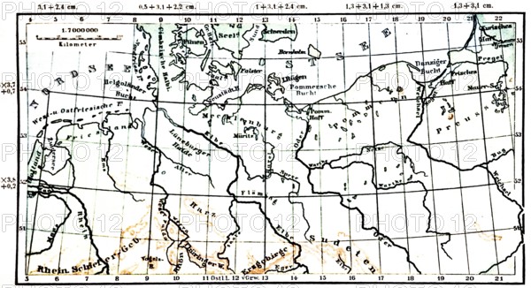 North German Plain, historical geographical map, topography, North Sea, Baltic Sea, Mecklandburg, Pomerania, Prussia, Harz Mountains, Ore Mountains, Frisian Islands, Cimbrian Peninsula, latitude and longitude, scale, distance in kilometres, Seydlitz Geography 1885