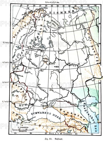 Russia, historical geographical map, topography, Arctic Ocean, Black Sea, Baltic Sea, Caucasus, Crimea, Dnieper, Moscow, Carpathians, Lapland, Turkish Empire, latitude and longitude, scale, distance in kilometres, Seydlitz Geography 1885