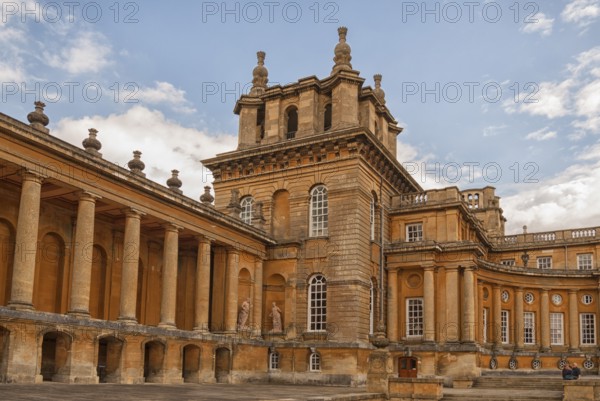 Blenheim Palace, the largest non-royal aristocratic residence in Great Britain, built by Queen Anne as a reward for John Churchill, 1st Duke of Marlborough. The imposing baroque palace is located in the English county of Oxfordshire on the River Glyme, a UNESCO World Heritage Site, England, United Kingdom