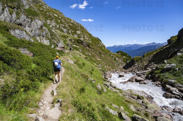 Hiker by a stream, Stubai Alps, South Tyrol, Italy