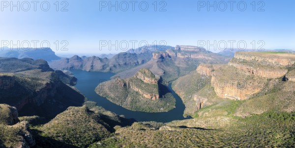 Blyde River Canyon with Three Rondawels peak, view of canyon with Blyde River and Table Mountains, canyon landscape, Panorama Route, Mpumalanga, South Africa