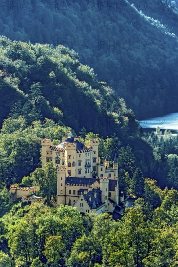 View from Neuschwanstein Castle to Hohenschwangau Castle, behind Schwansee, Schwangau, Königswinkel, Ostallgäu, Allgäu, Swabia, Bavaria, Germany