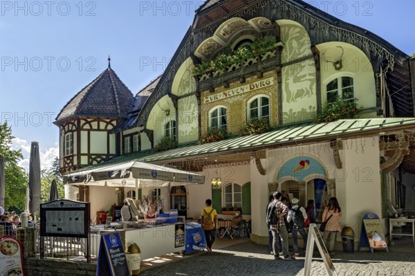 Castle restaurant Zur Neuen Burg at Neuschwanstein Castle, fairytale castle of King Ludwig II, UNESCO World Heritage Site, Schwangau, Königswinkel, Allgäu, Swabia, Bavaria, Germany