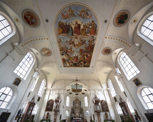 Interior with ceiling fresco, parish church of St John, built 1717-19, Biberacher Str. 6, Ummendorf, district of Biberach, Baden-Württemberg, Germany