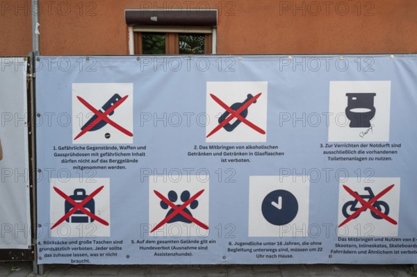 Board with prohibition notices depicted in pictograms, Erlanger Bergkirchweih, traditional twelve-day folk festival, Erlangen, Middle Franconia, Bavaria, Germany