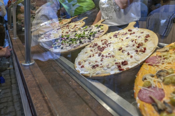 Various tarte flambée toppings at the Erlangen Bergkirchweih, traditional twelve-day folk festival, Erlangen, Middle Franconia, Bavaria, Germany