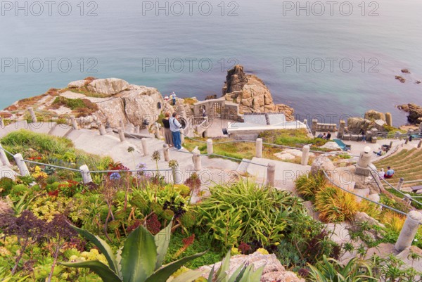 Minack Theatre, spectacular open-air theatre, circular path with lush planting, South England, Cornwall, England, GB