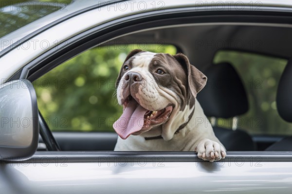 Bulldog panting and looking out of an open car window on a hot summer day. Concept of overheating risks for brachycephalic dog breeds during car rides. Generative ai, AI generated